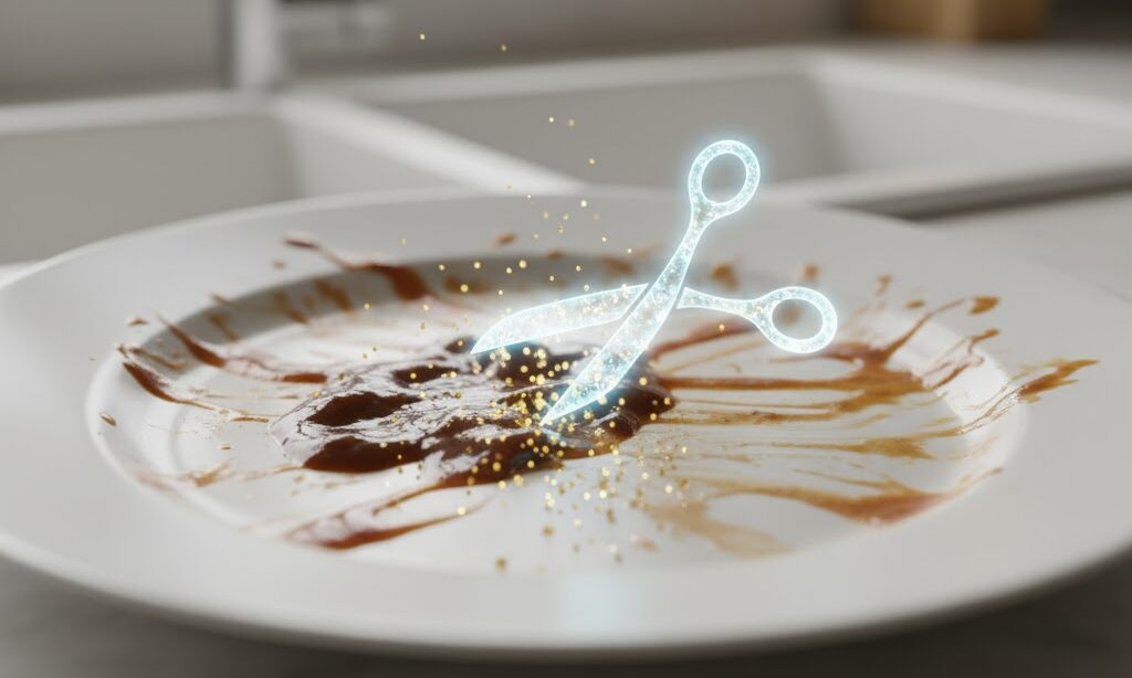 酵素が汚れを細かく分解する様子を光の粒で表現した皿洗いの実写風画像