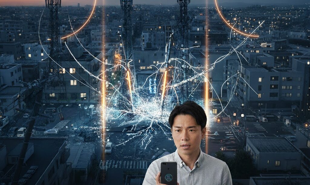 災害でスマホが圏外になる原因を示す停電・損壊・輻輳のイメージ図