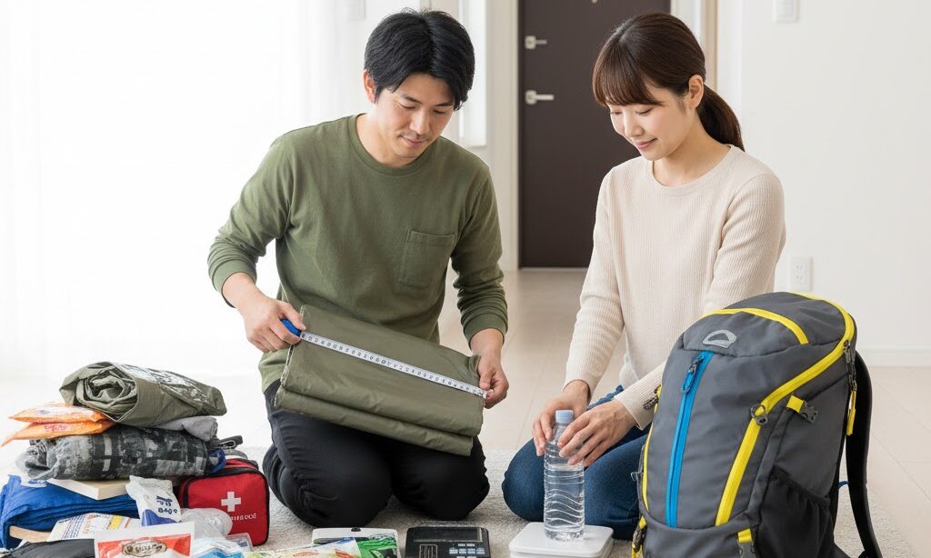 防災リュックの容量と重さを確認する日本人家族の様子|避難に強いリュックの選び方