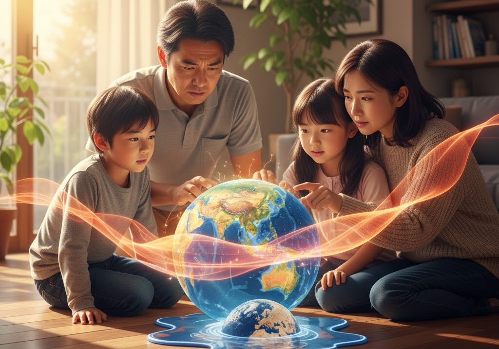 地球温暖化の原因を学ぶ日本の家族と地球儀。防災視点で未来の危機を意識している写真