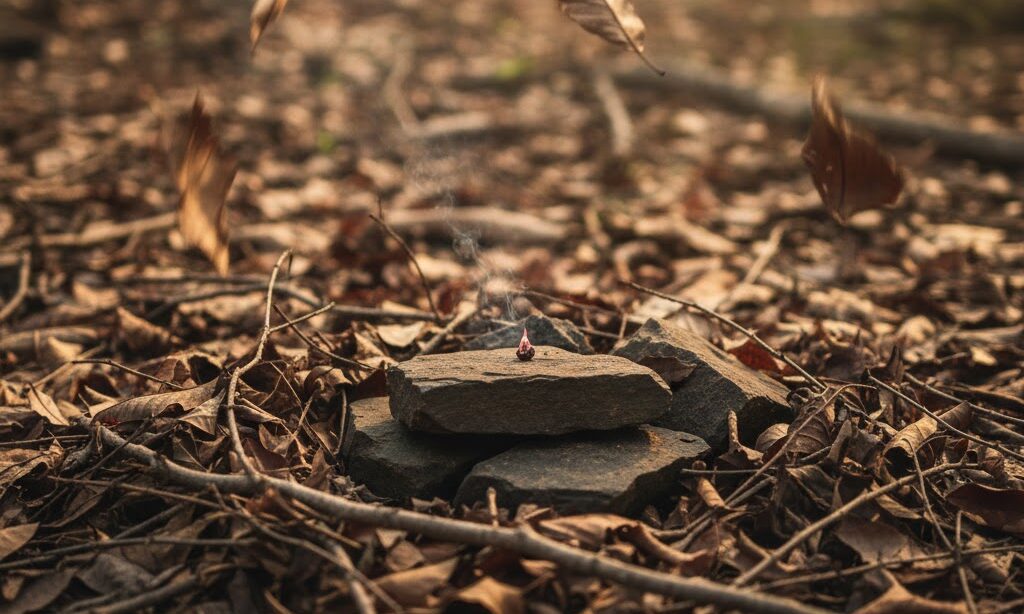 山火事 なぜ起こる|燃料・火源・酸素の三要素が揃った乾燥した落ち葉と火種の写真