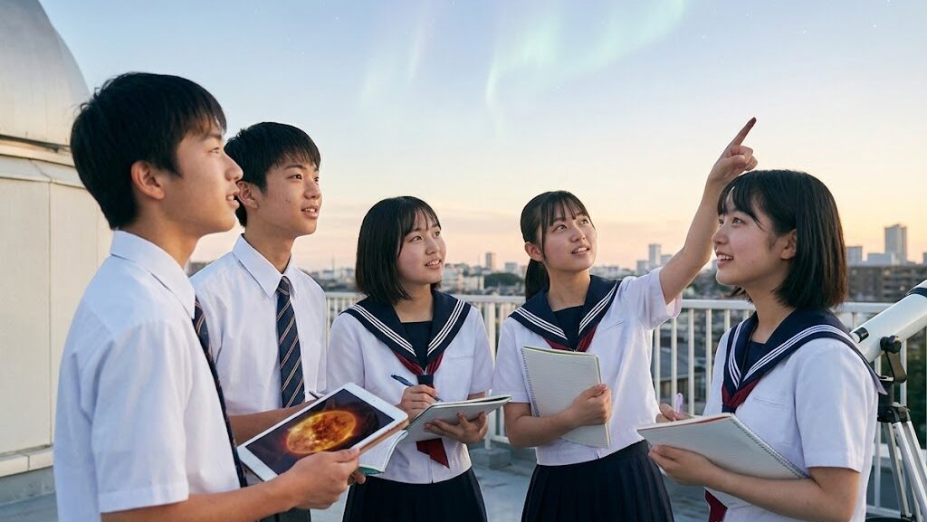 中学生が太陽フレアについて学んでいる様子