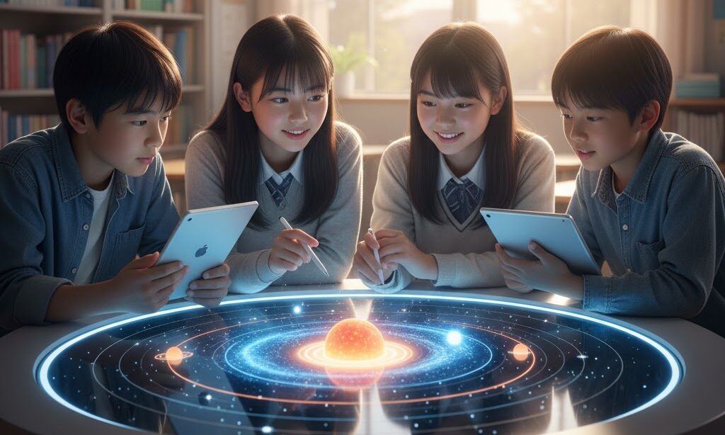 中学生が地球の誕生が何年前だったのか学んでいる様子