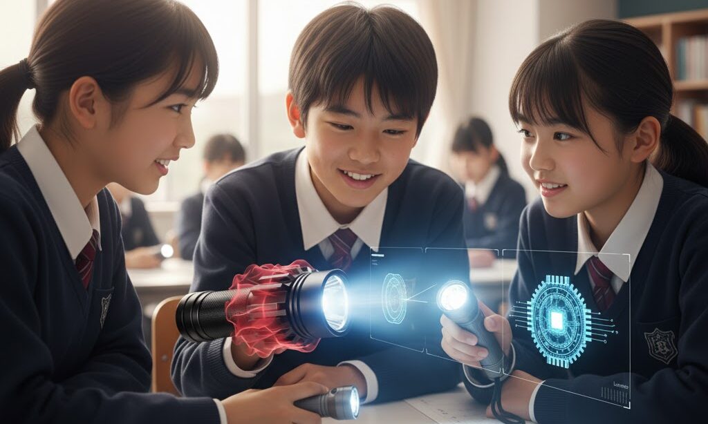 中学生が懐中電灯について話し合っているところ