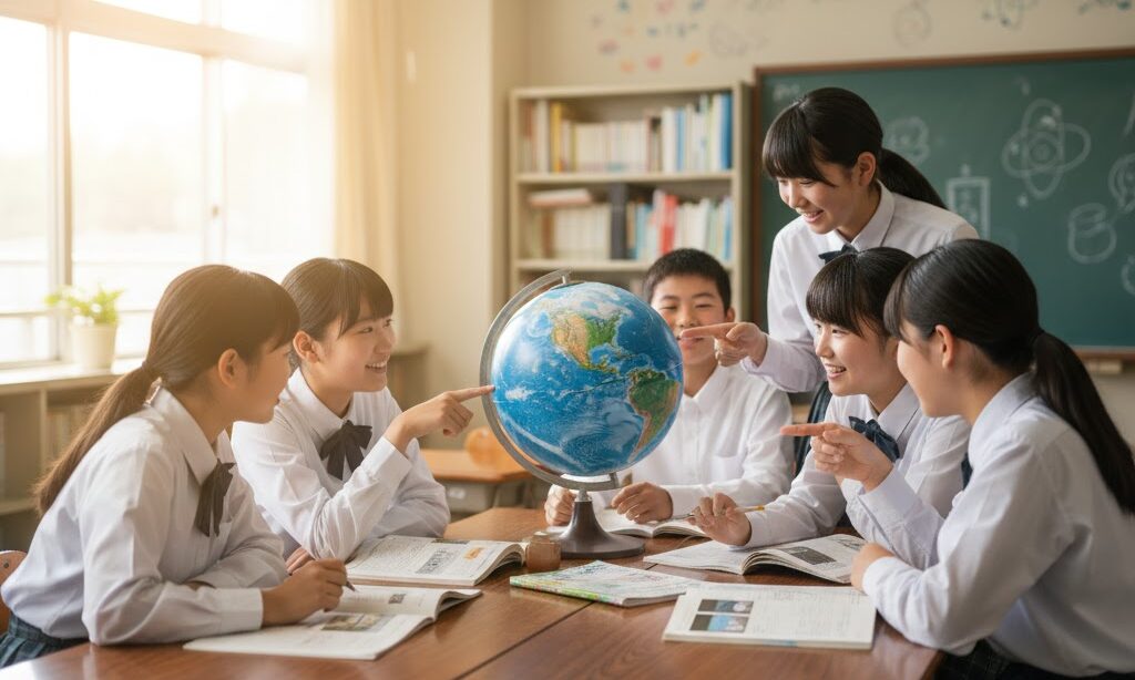 中学生が引力や重力について学んでいる