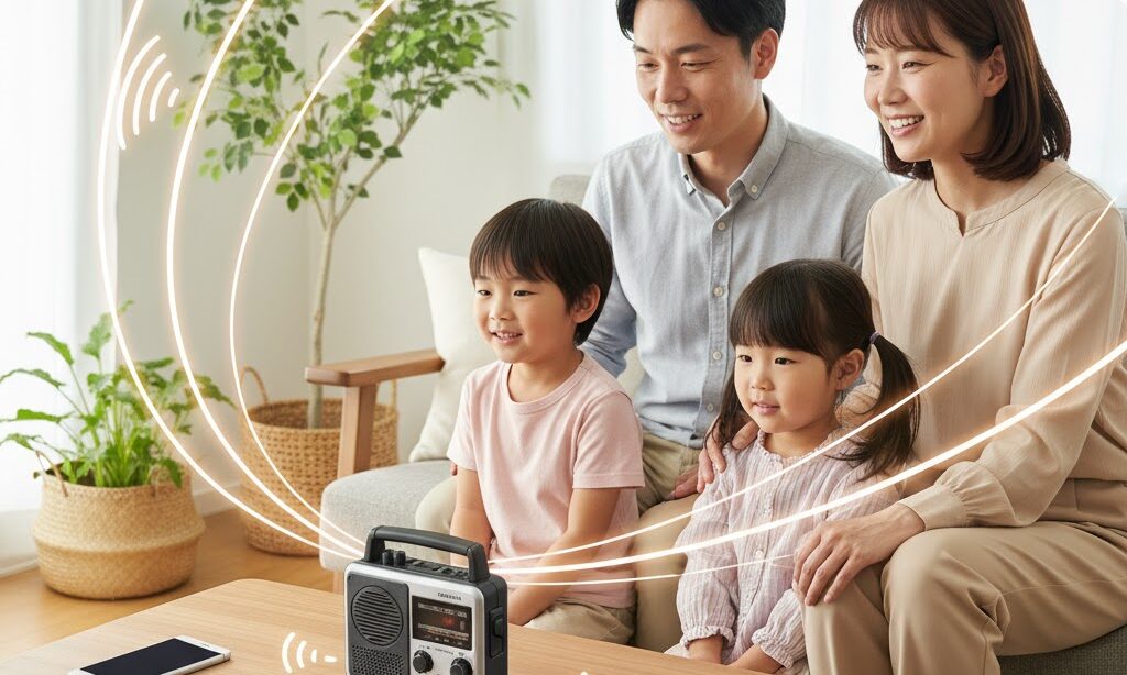 防災ラジオがスマホの代わりに災害時の情報源になる理由を説明する家族のシーン