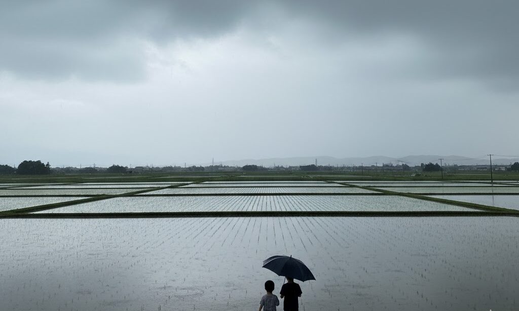 空一面を覆う暗灰色の乱層雲(雨雲)。広範囲に雨を降らせる雲の特徴イメージ