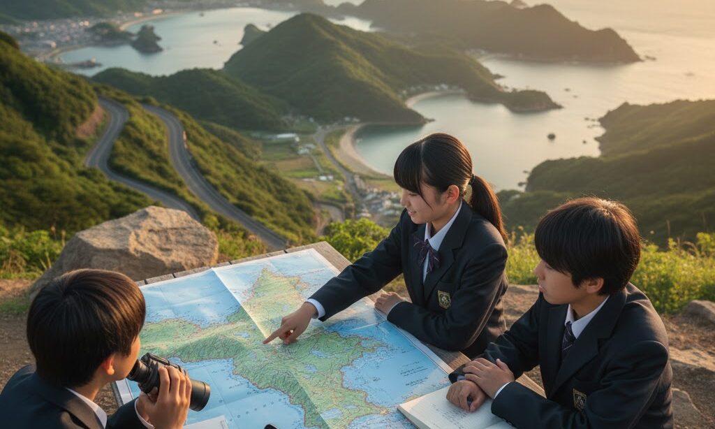 中学生がリアス式海岸のでき方について学んでいるイメージ