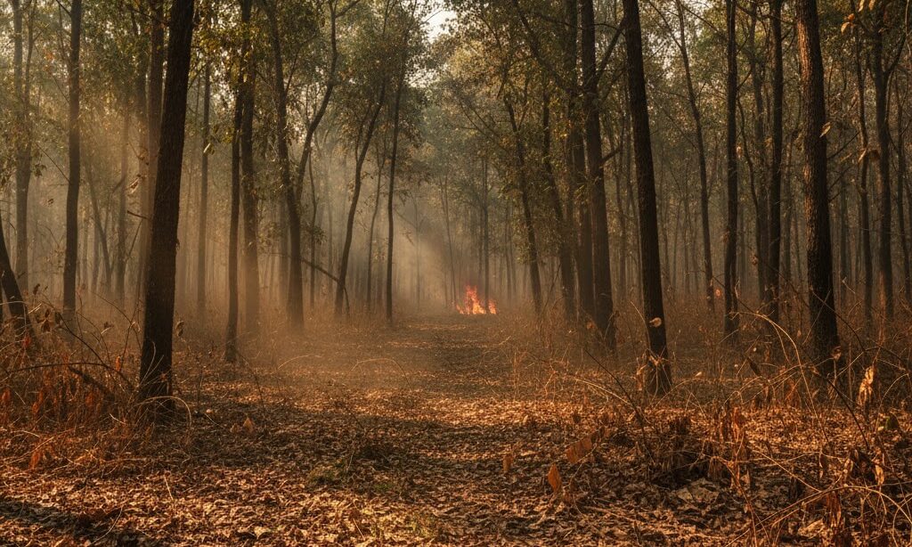 山火事 なぜ起こる|火災の三要素と日本での主な原因を示す森林イメージ