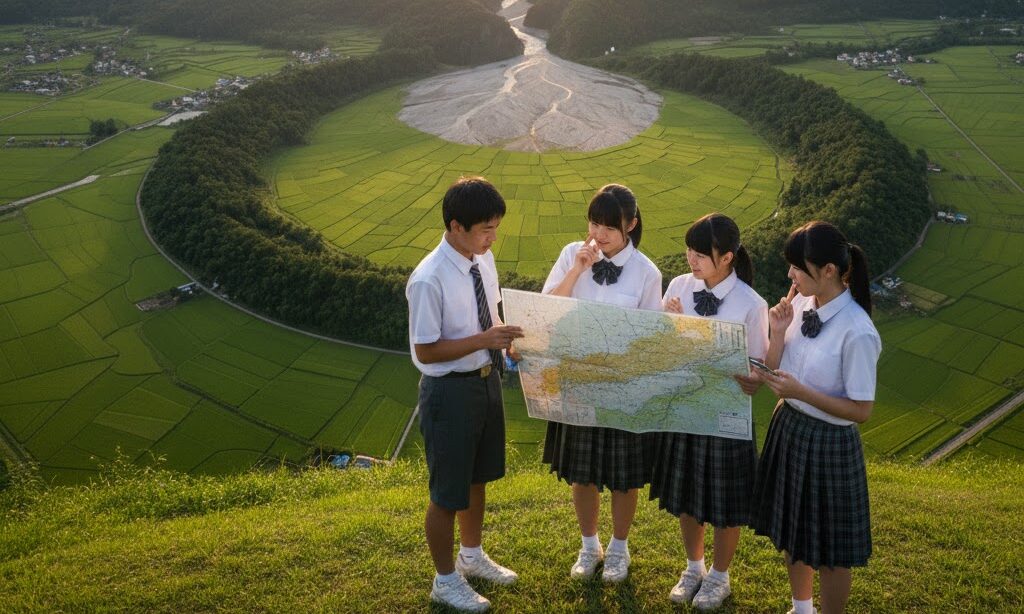 中学生が扇状地のでき方について学習している様子