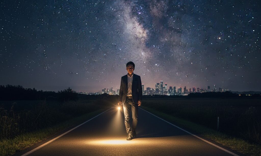 夜の道を懐中電灯の光で照らしながら進む日本人の姿|光の反射と電気エネルギーで未来を守る象徴的イメージ
