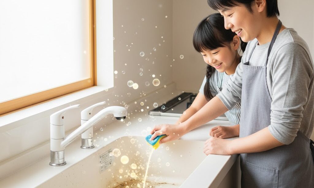 微生物が汚れを分解する仕組みを家庭の掃除シーンで表した実写風イメージ