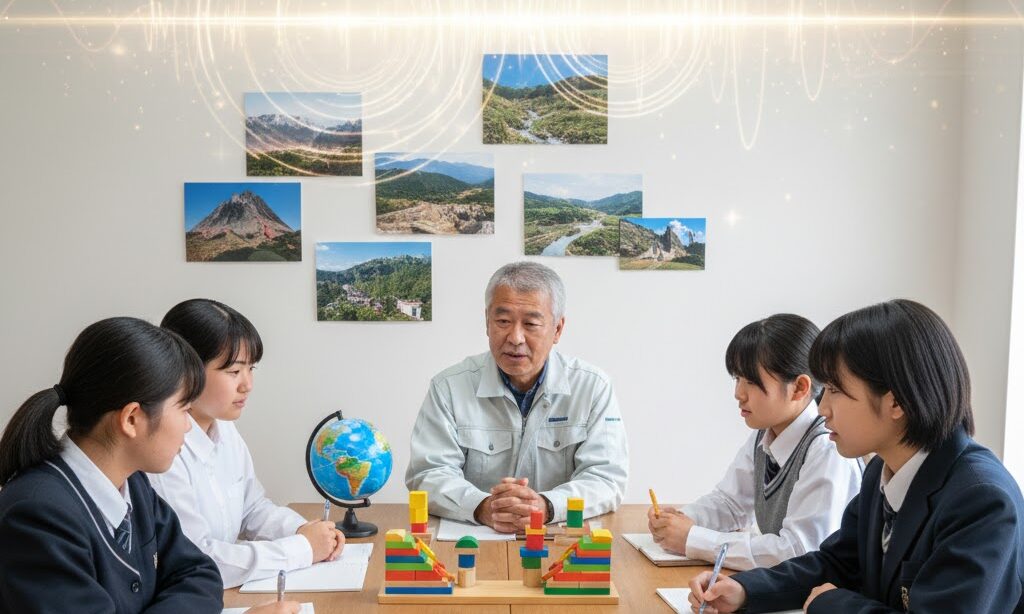 断層のでき方について学んでいる中学生