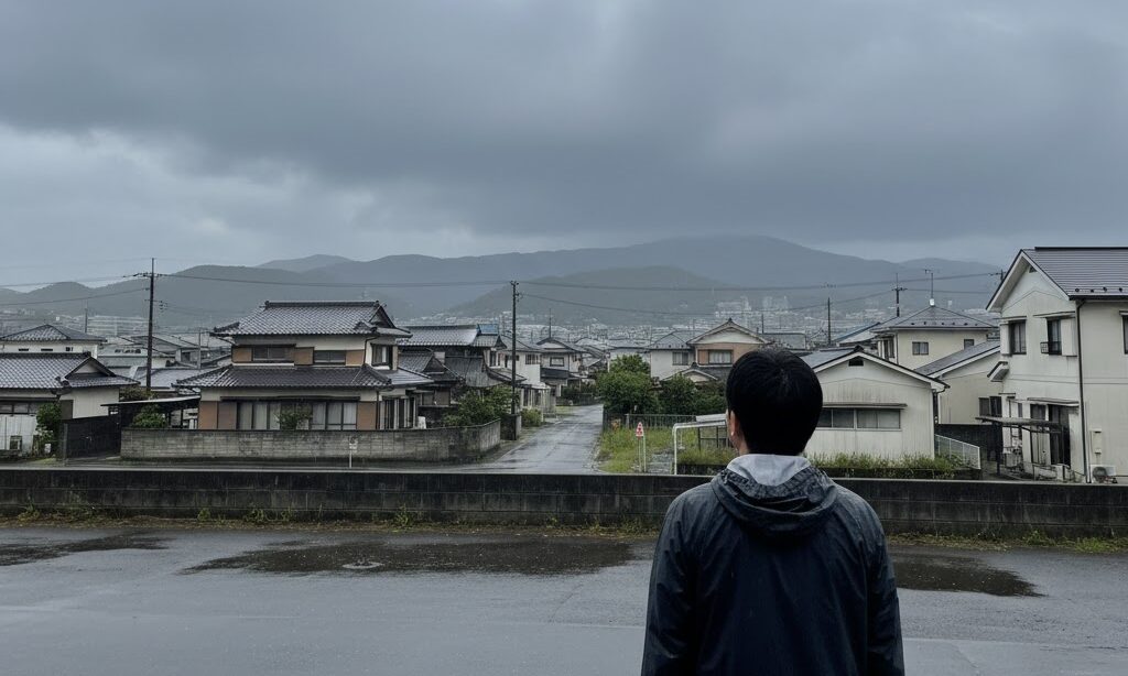 乱層雲の特徴とでき方を示す実写風の空模様。雨をもたらす厚い雲が広がる様子
