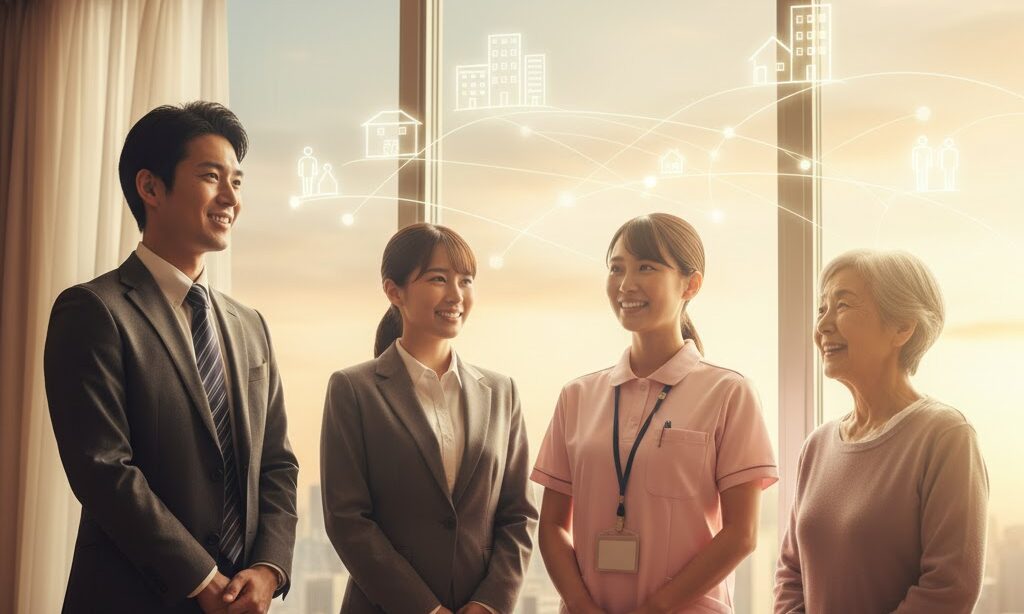 BCP対策の計画と備蓄を完備した組織のスタッフと高齢者が希望を感じるイメージ