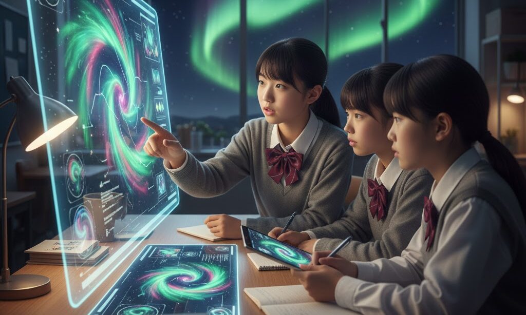 中学生がオーロラがなぜできるか勉強している様子