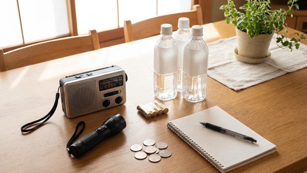 家庭のテーブルにラジオや水、懐中電灯などの基本的な防災用品が並んだ実写風画像