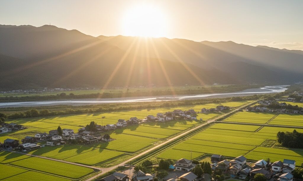 扇状地の地形と人の暮らしを俯瞰し学びの重要性を伝える実写風イメージ