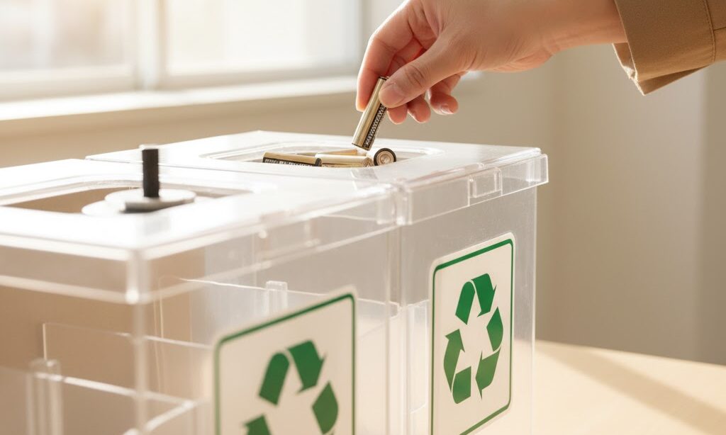 日本人が使用済み乾電池をリサイクルボックスに入れる場面|環境配慮型の防災意識を表す写真