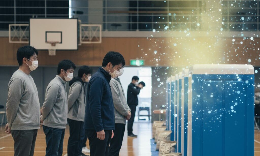 簡易トイレで発生するアンモニア臭と対策を抽象的に示した避難所トイレ画像