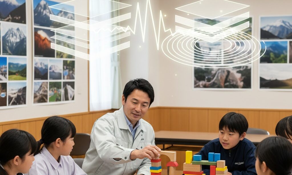 防災士が断層のでき方を説明する実写風イメージ｜防災学習や地震対策に役立つ教育用画像