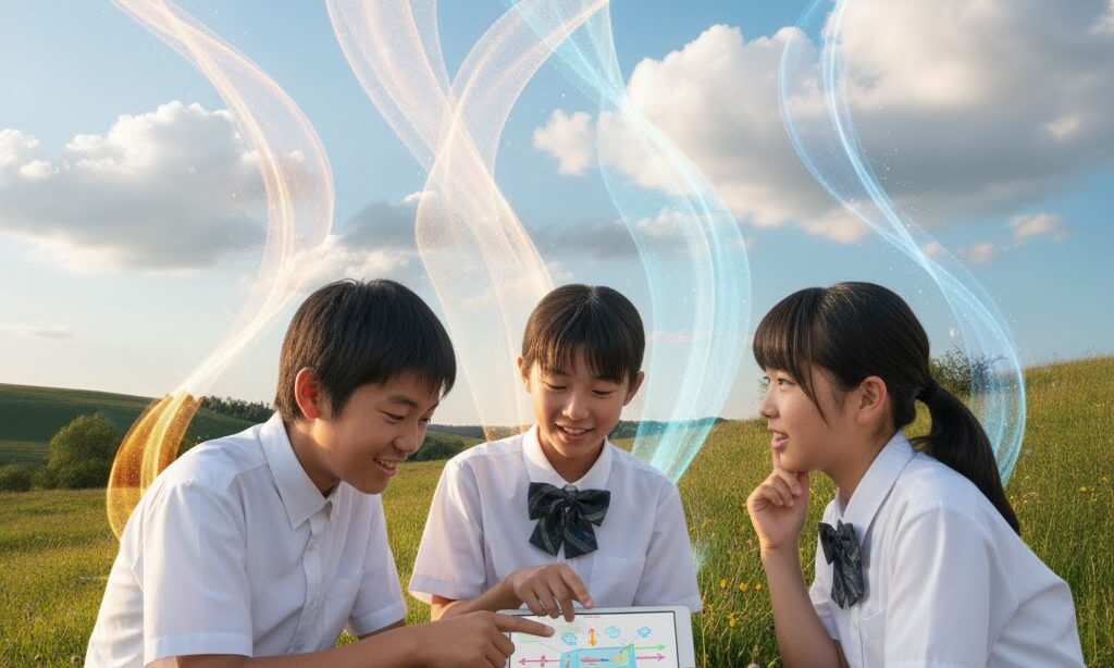 上昇気流のでき方について話し合っている中学生