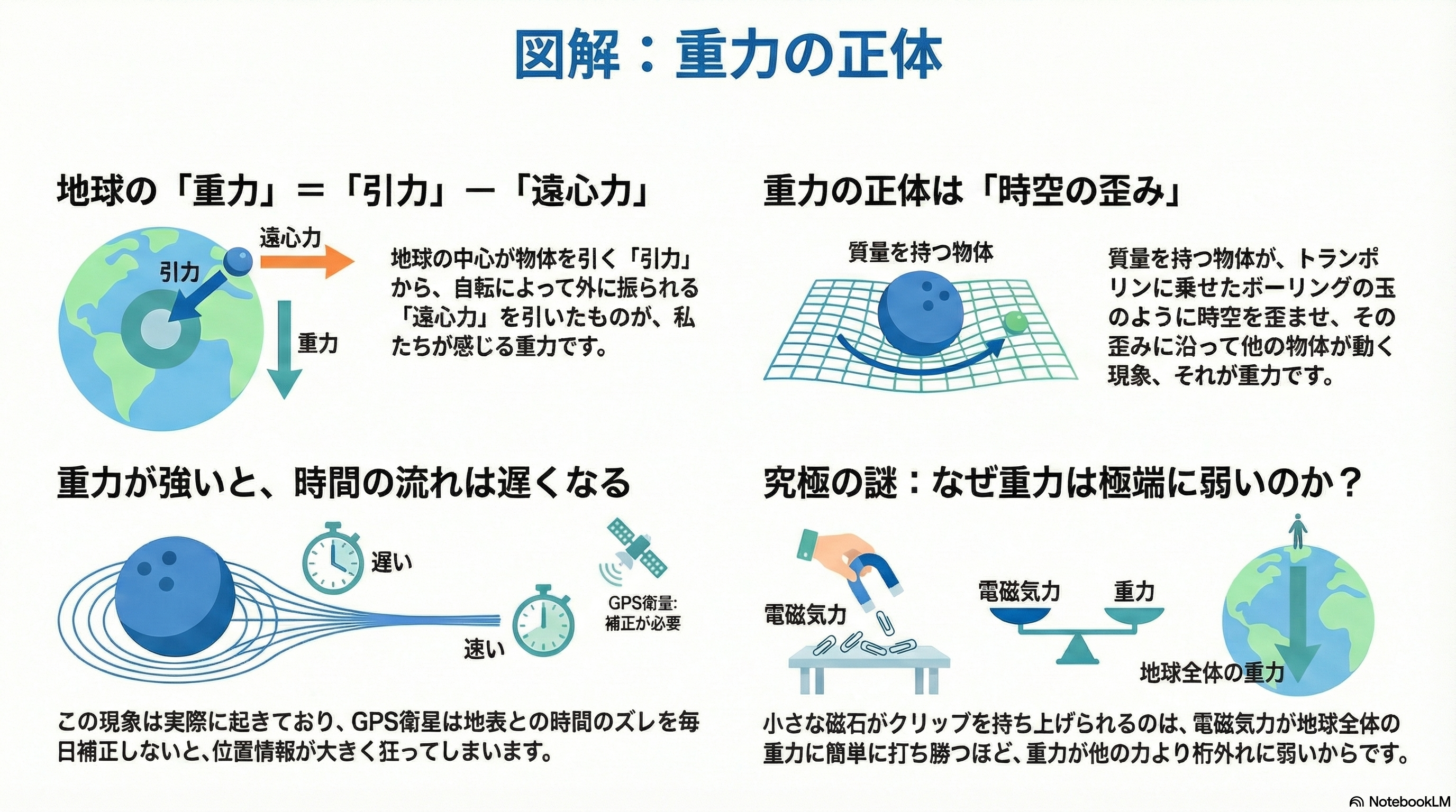重力の正体を図解したインフォグラフィック。地球の引力と遠心力の関係、質量による時空の歪みのイメージ、重力が強い場所で時間が遅くなる仕組み、電磁気力と重力の強さの比較を示した科学解説図