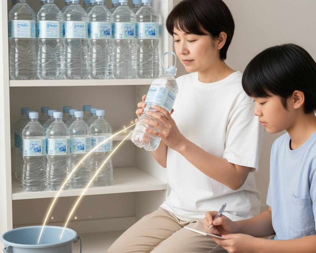 賞味期限を確認しながらペットボトルの水を点検する家族の実写風写真。
