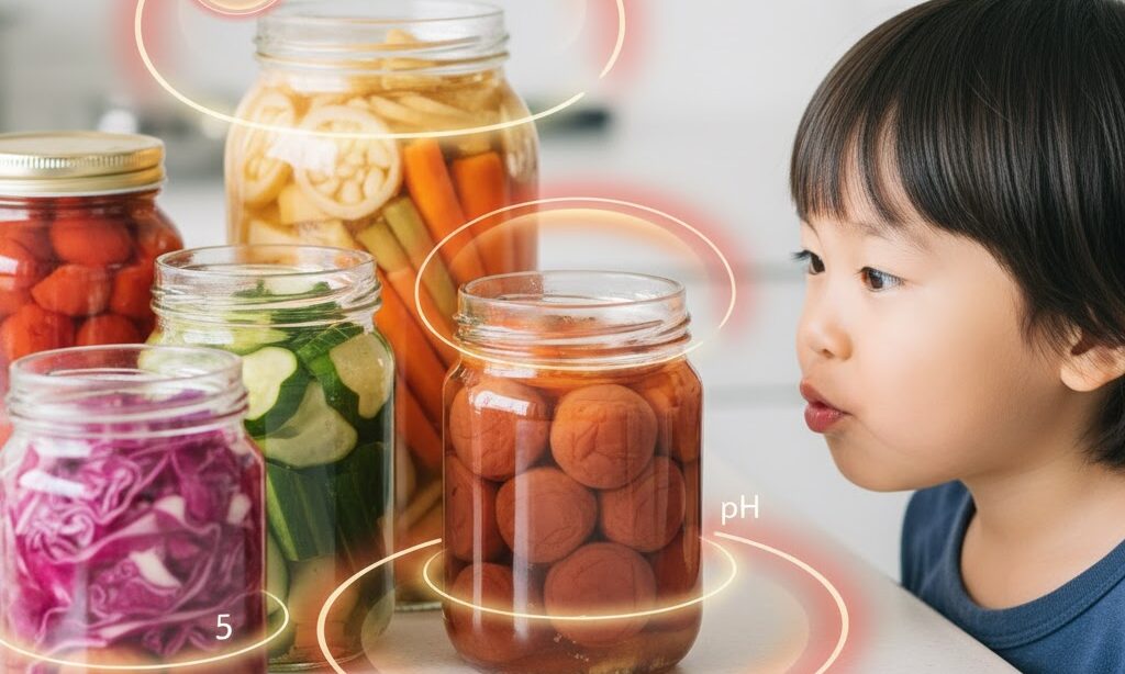 ピクルスや梅干しの瓶を使い、酸性で菌の増殖を防ぐ仕組みを表した実写イメージ。