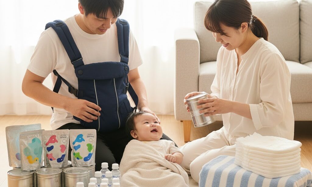 赤ちゃん用ミルクや紙おむつなど育児家庭の防災グッズを準備する家族