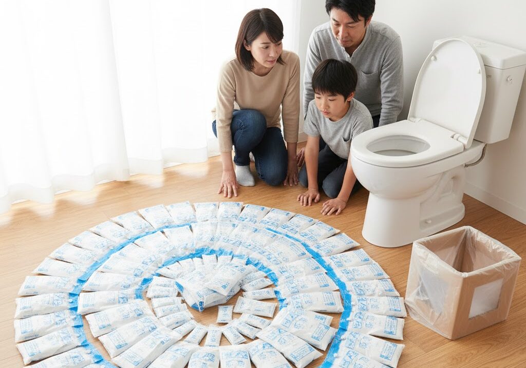 家庭で備蓄する簡易トイレ用品を大量に並べて必要数を確認している在宅避難対策の写真