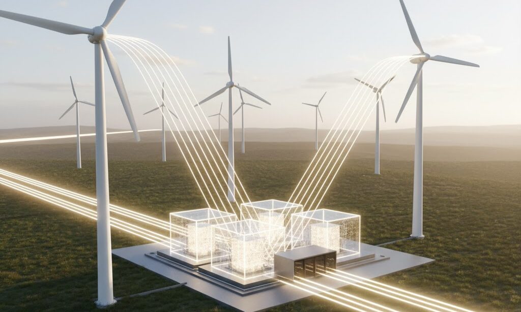 FIP制度と蓄電池活用を象徴する風車とエネルギーの流れを抽象化したイメージ