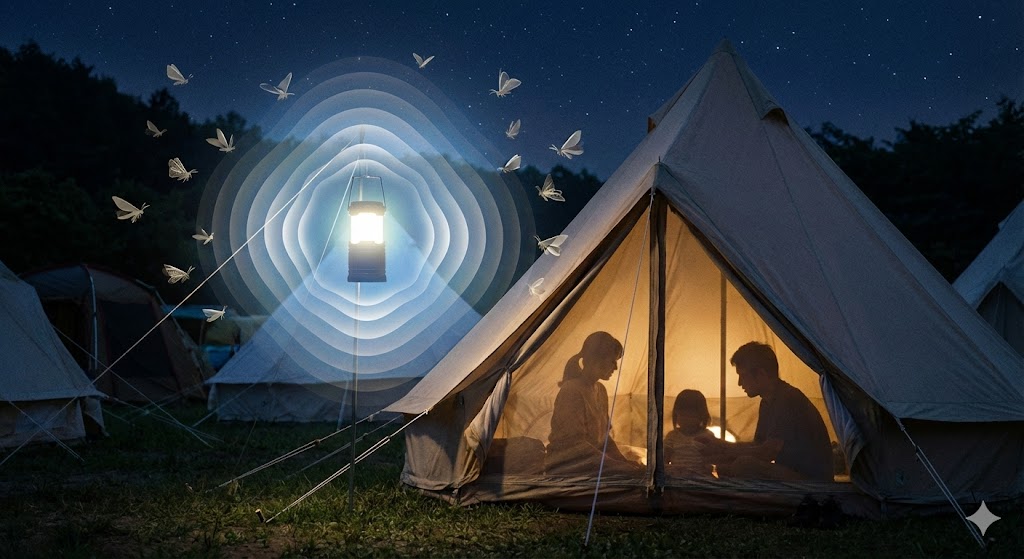 避難所のテント付近でLEDランタンが光り、虫が少ない様子を描いた夜のイメージ