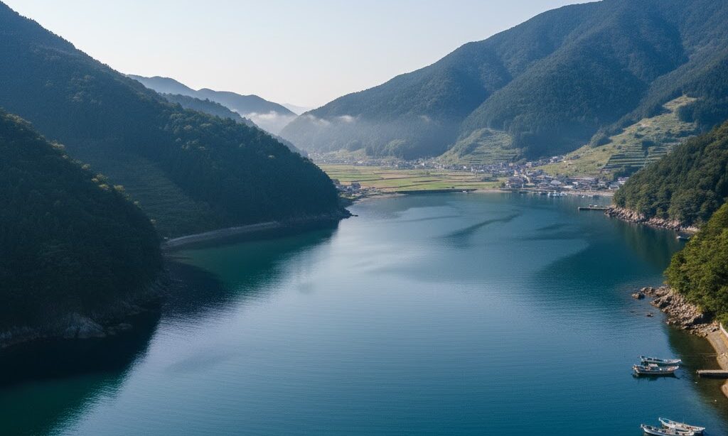 日本では本来のフィヨルドが見られないことを説明する穏やかな湾の写真