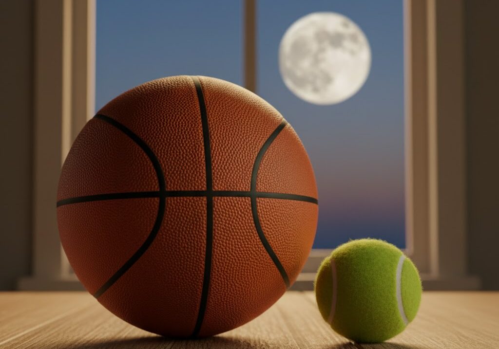 地球と月の大きさの違いを身近な物で例えたイメージ|バスケットボールとテニスボール