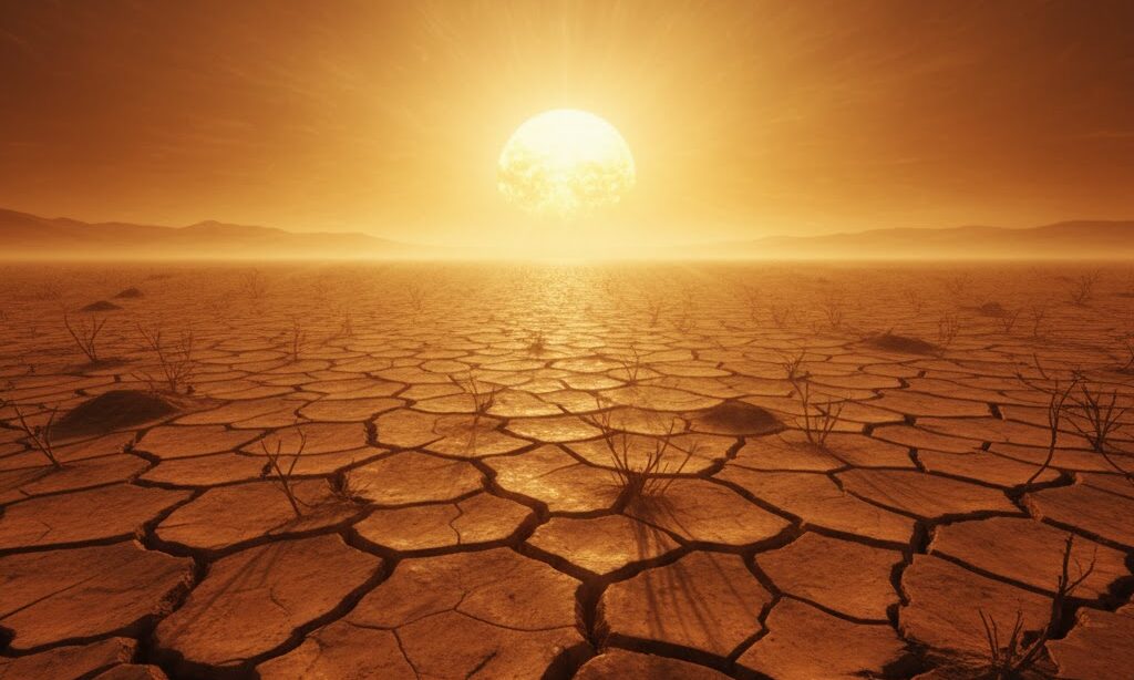 気候変動と砂漠化の関係を示すイメージ|乾いた地球と熱波