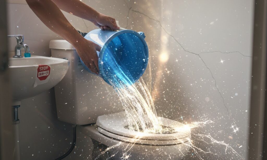 トイレの便器に向けてバケツの水を一気に流し込む瞬間を捉えたイメージ