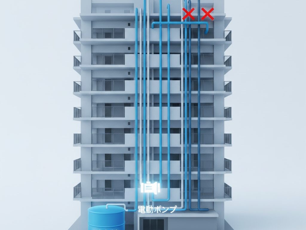 高層マンションの内部構造イメージ 受水槽やポンプ停止による断水の仕組みを可視化した図