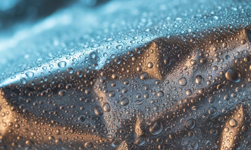 アルミブランケット内側に水滴がついた結露のクローズアップ 蒸れのリスクを理科的に示す写真