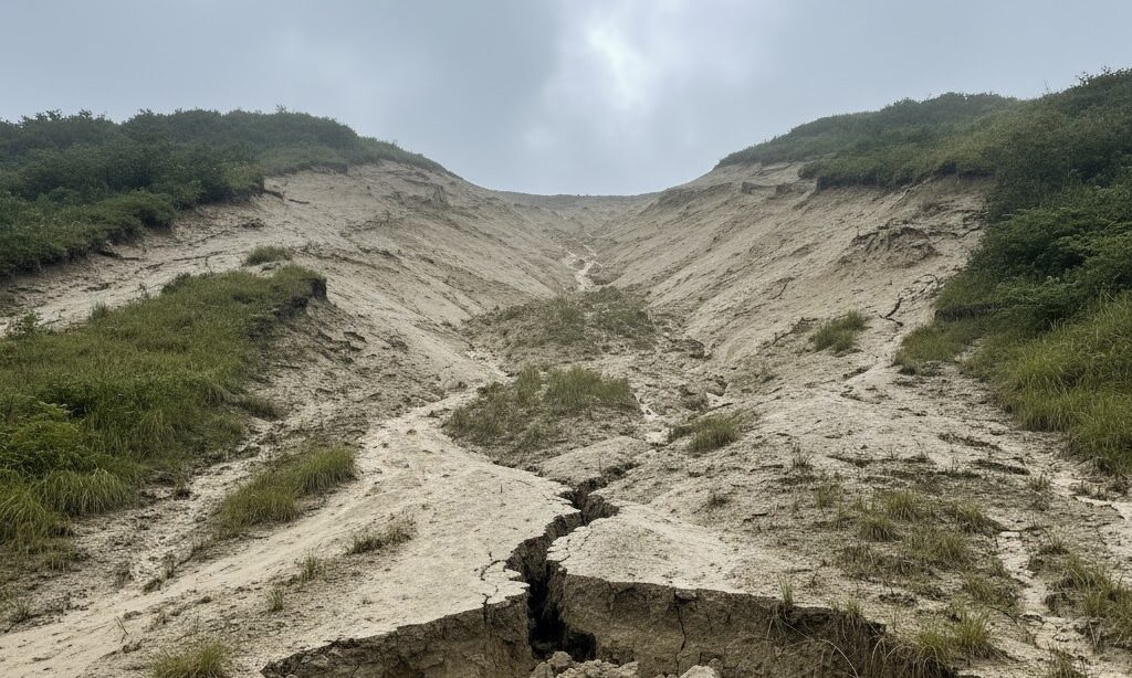 雨で湿ったまさ土の斜面を安全な距離から撮影した実写風写真。土砂災害の危険性と防災意識を促すイメージ。