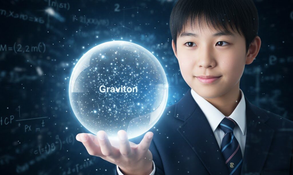 手のひらに光る球体を乗せ重力子の概念をイメージする実写風サイエンス写真