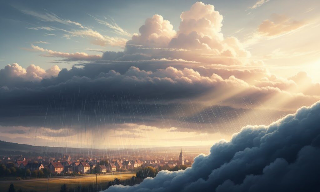 温暖前線で暖気が寒気の上を這い上がる天気の変化を示す雲の画像