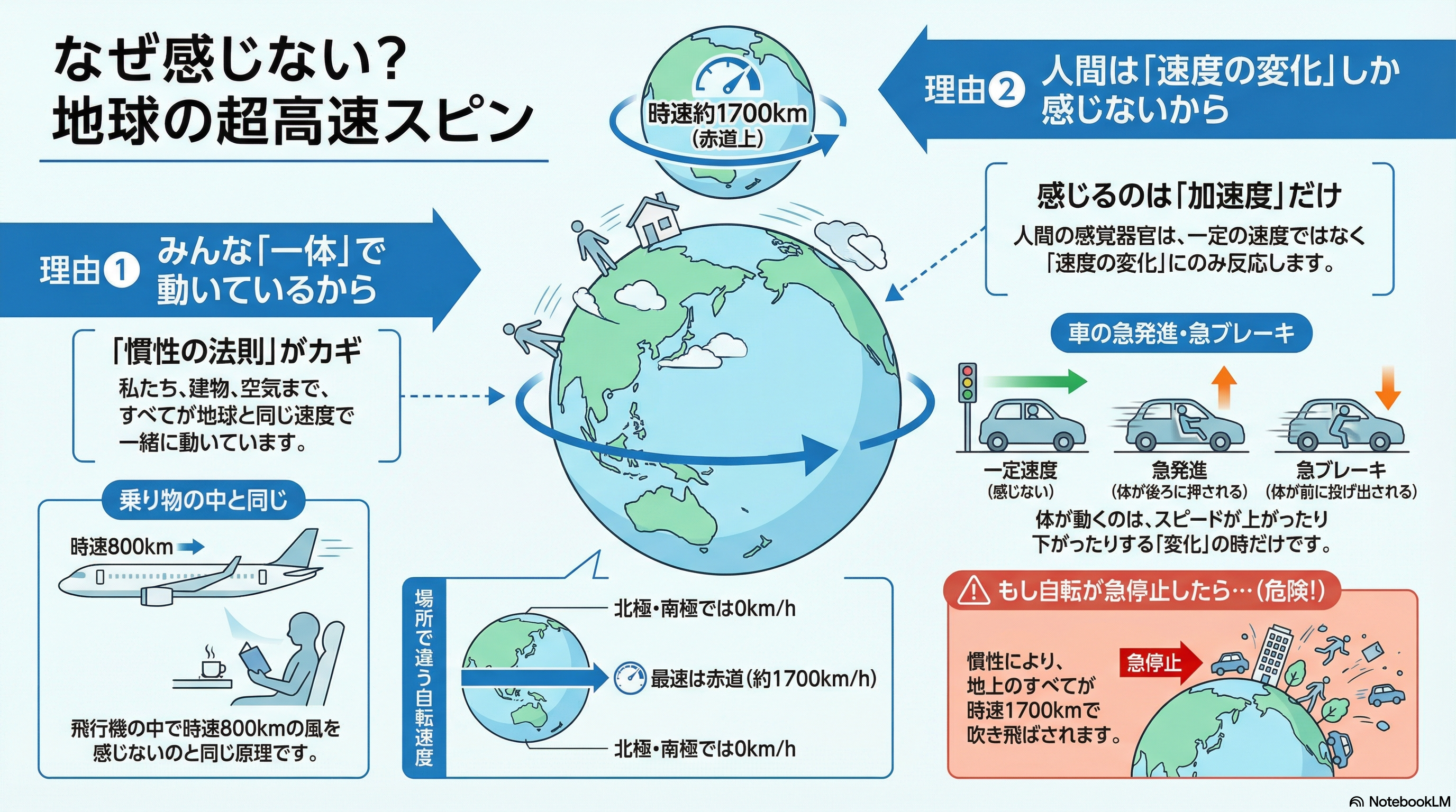 地球の自転を感じない理由を図解|時速1700kmの超高速スピンと慣性の法則