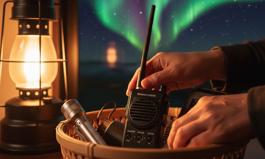 防災備蓄とオーロラの光を組み合わせた電源備えのイメージ