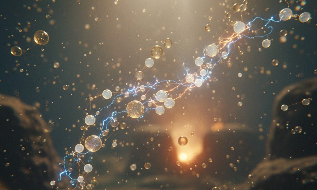 原始生命の誕生をイメージした微細な光粒と水の実写風イメージ