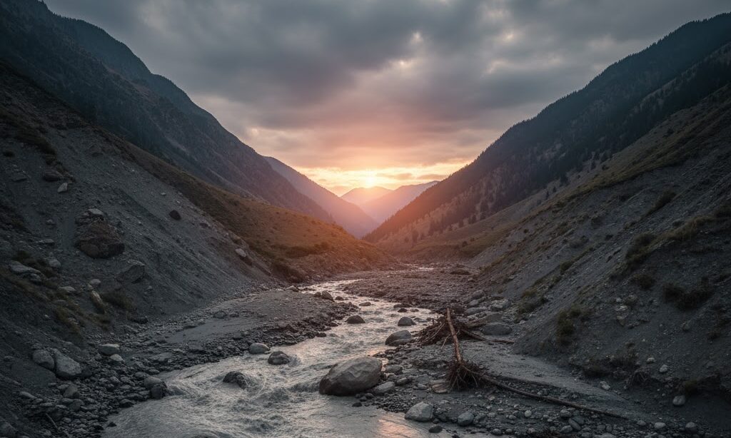 扇状地扇頂部の土石流リスクと急流を意識させる防災啓発用実写風画像