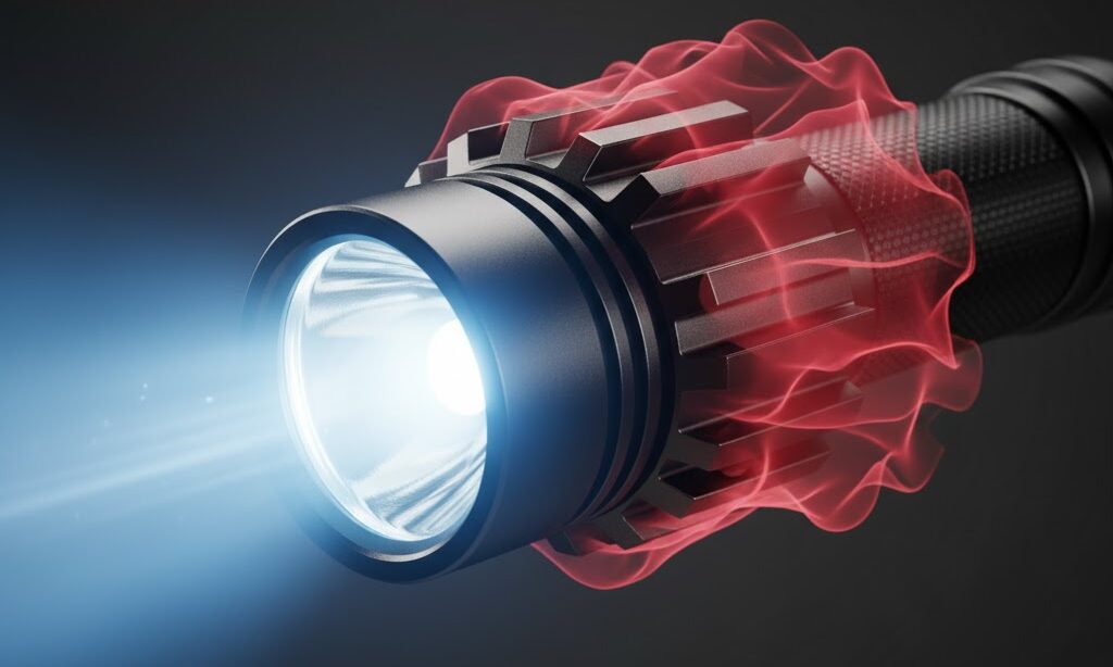 放熱フィン付き懐中電灯が発熱を逃がす様子|光学設計と熱管理の関係を示す実写風画像