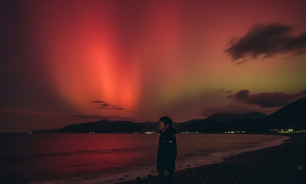 日本で見える低緯度オーロラの夜景と観望者の実写風イメージ