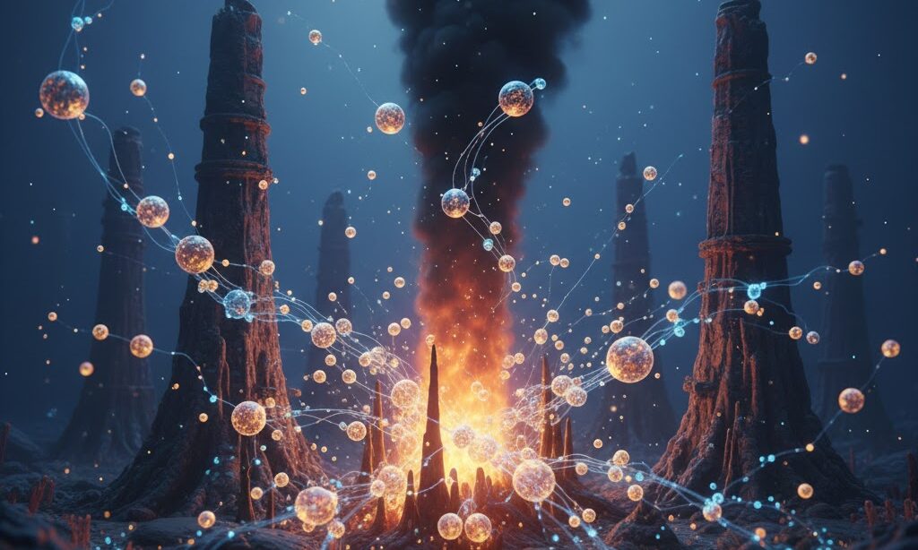 海底の熱水噴出口で最初の生命が生まれた様子を表現した実写風イメージ