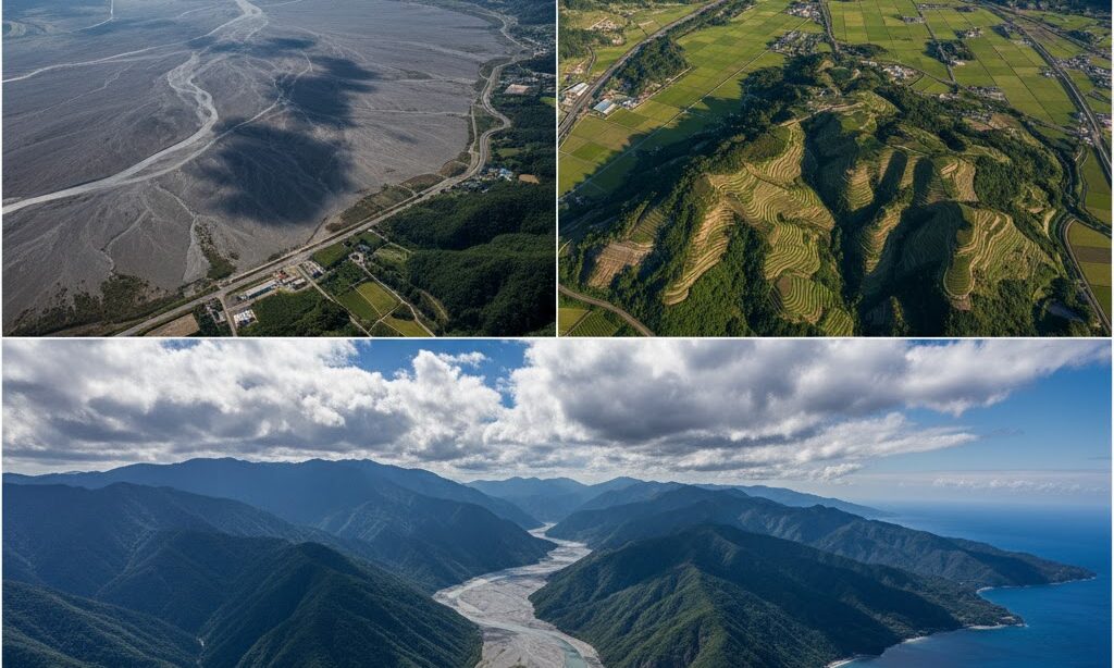 日本各地の扇状地分布と山から平野への広がりがわかる俯瞰イメージ